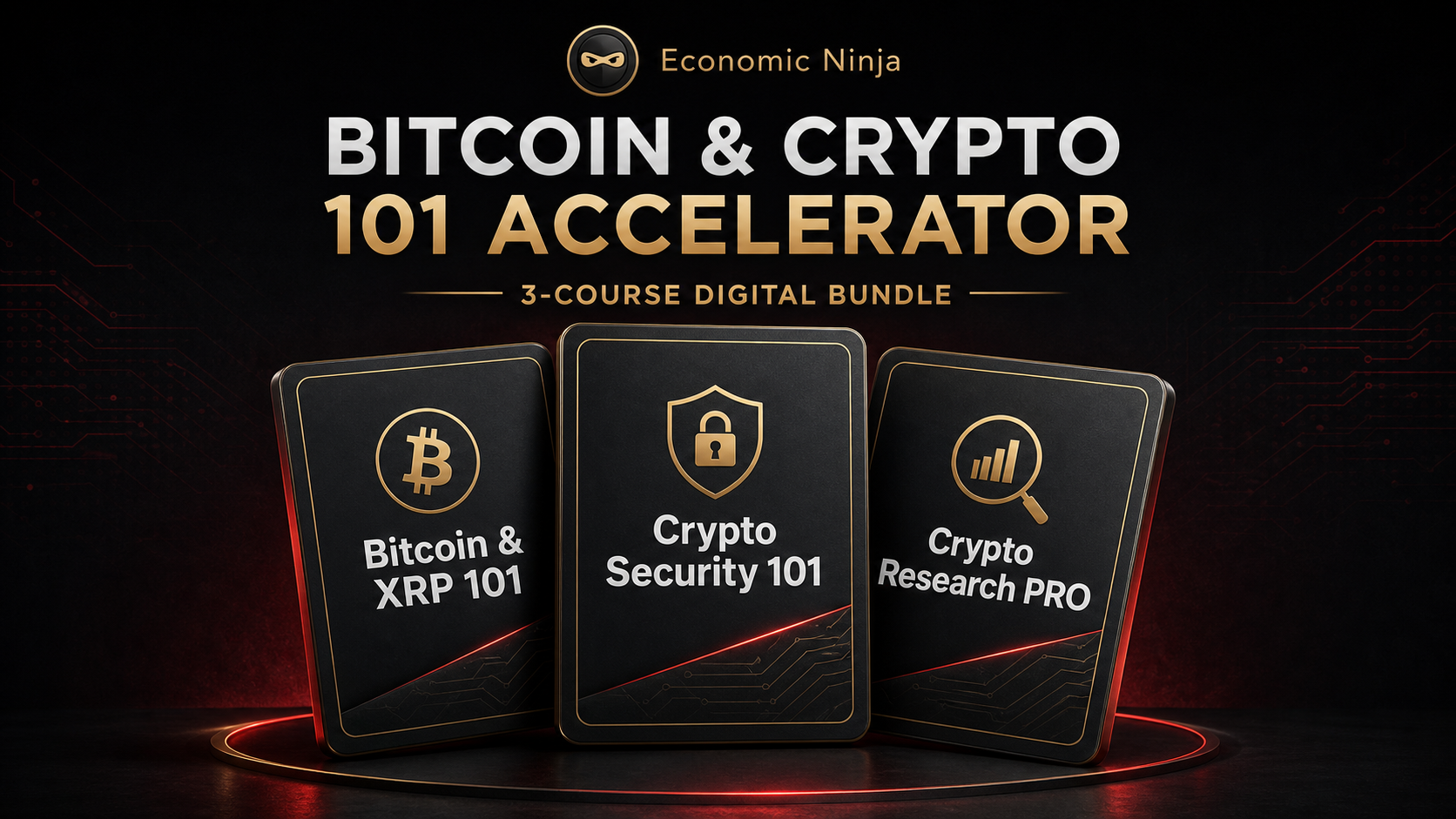 Bitcoin and Crypto 101 Accelerator Bundle mockup showing Bitcoin and XRP 101, Crypto Security 101, and Crypto Research PRO