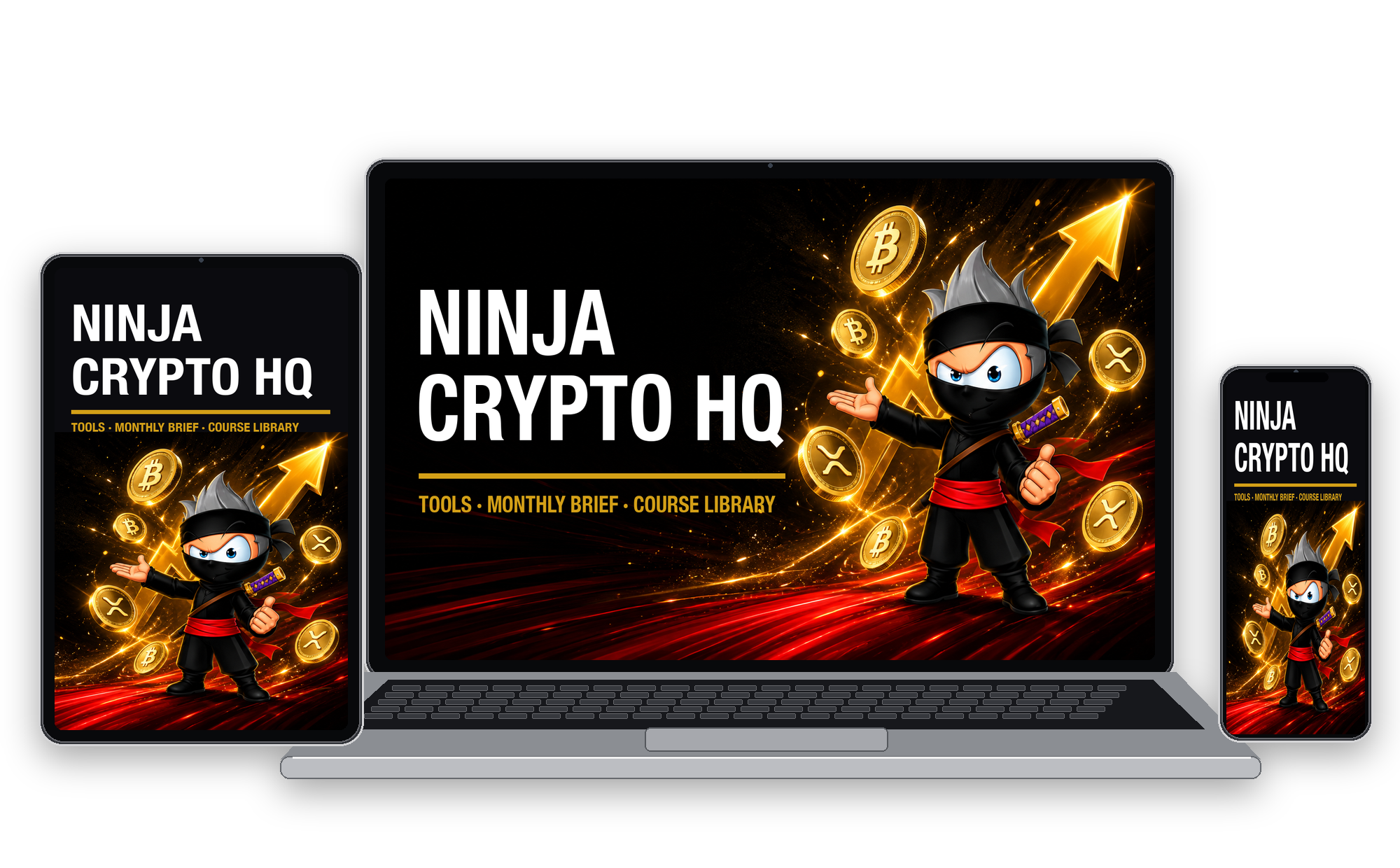 Ninja Crypto HQ shown on laptop, tablet, and phone
