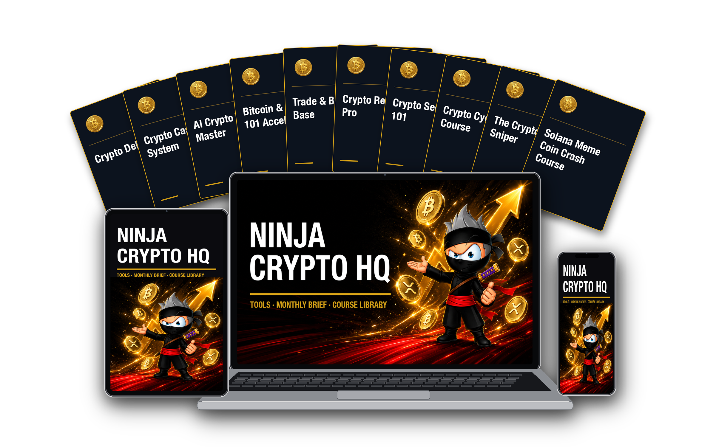 Ninja Crypto HQ on laptop, tablet and phone, with the crypto course library behind it