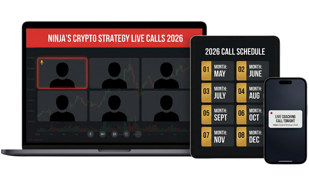 Ninja's Crypto Strategy Live Calls 2026 mockup showing live coaching, the May through December call schedule, and a call notification